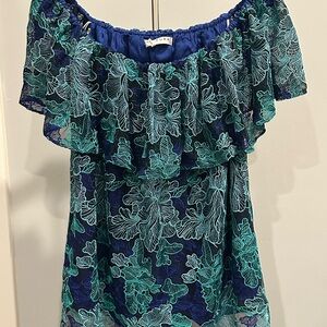 Trina Turk Blue and Green Leaf Lace Blouse